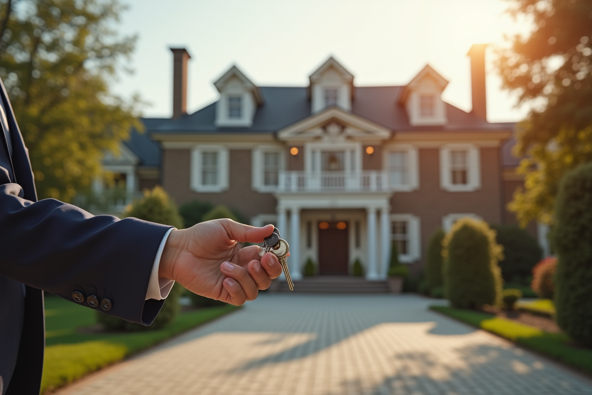 Agent immobilier remettant les clés devant une maison géorgienne
