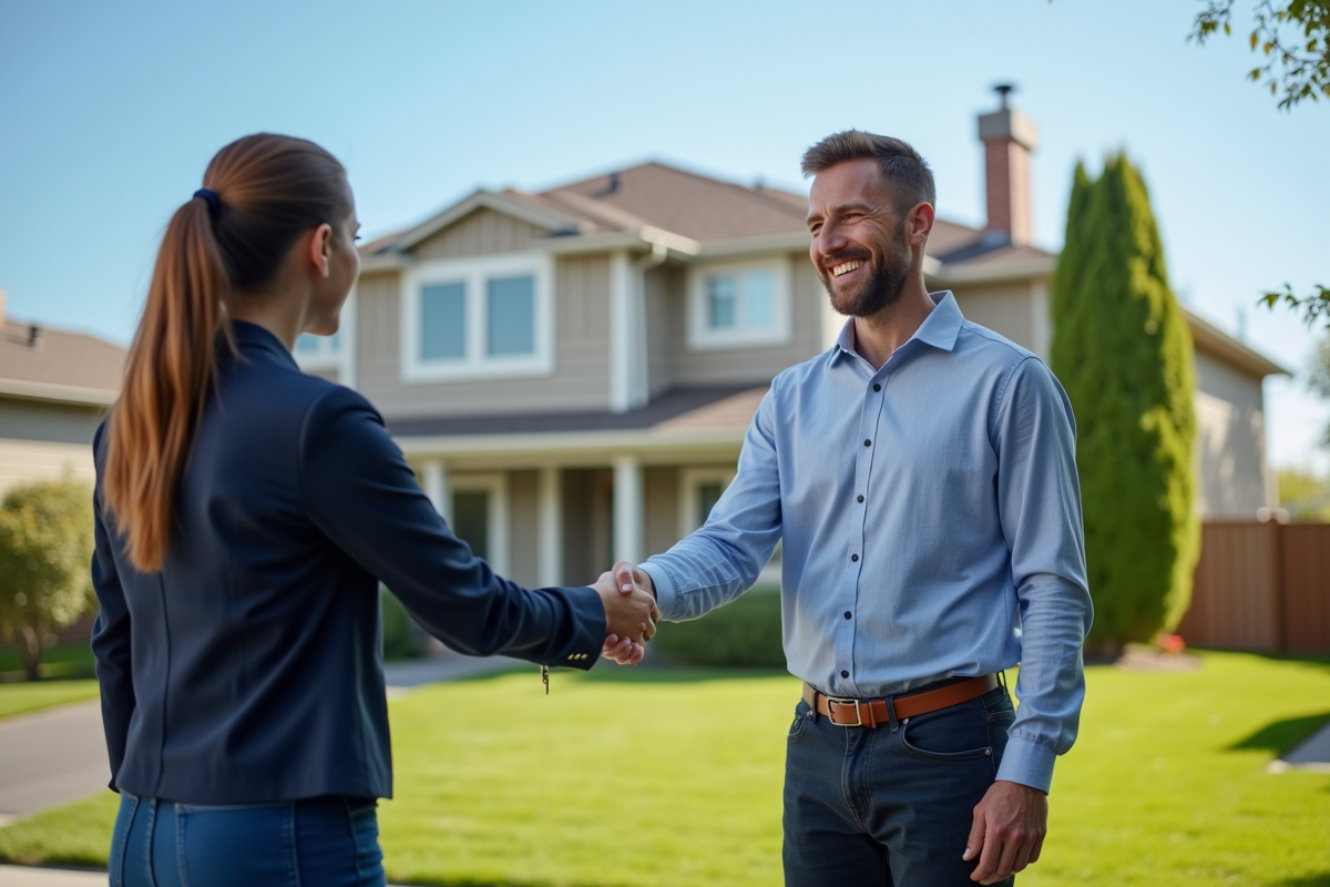 Agent immobilier souriant remettant les clés devant une maison