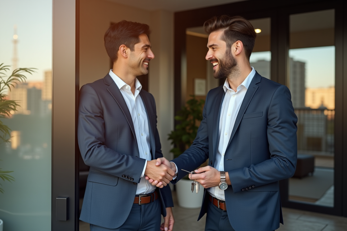 Agent immobilier remettant les clés à un locataire souriant