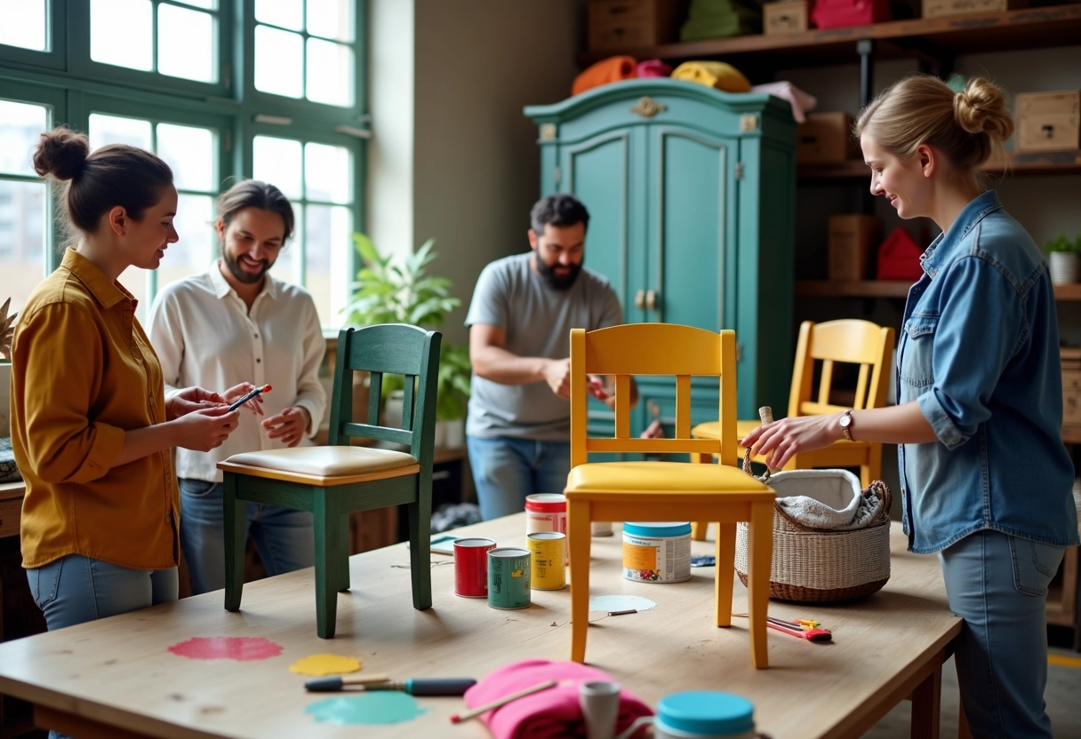 Atelier de rénovation de meubles vintage par plusieurs personnes