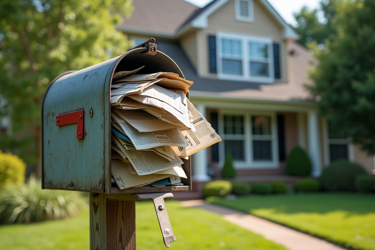 Boîte aux lettres abandonnée avec vieux courriers devant maison