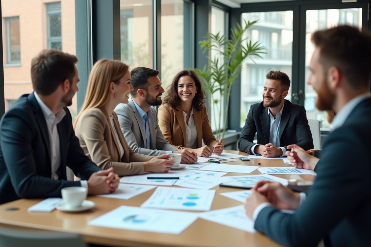 Groupe diversifié en brainstorming avec documents d investissement