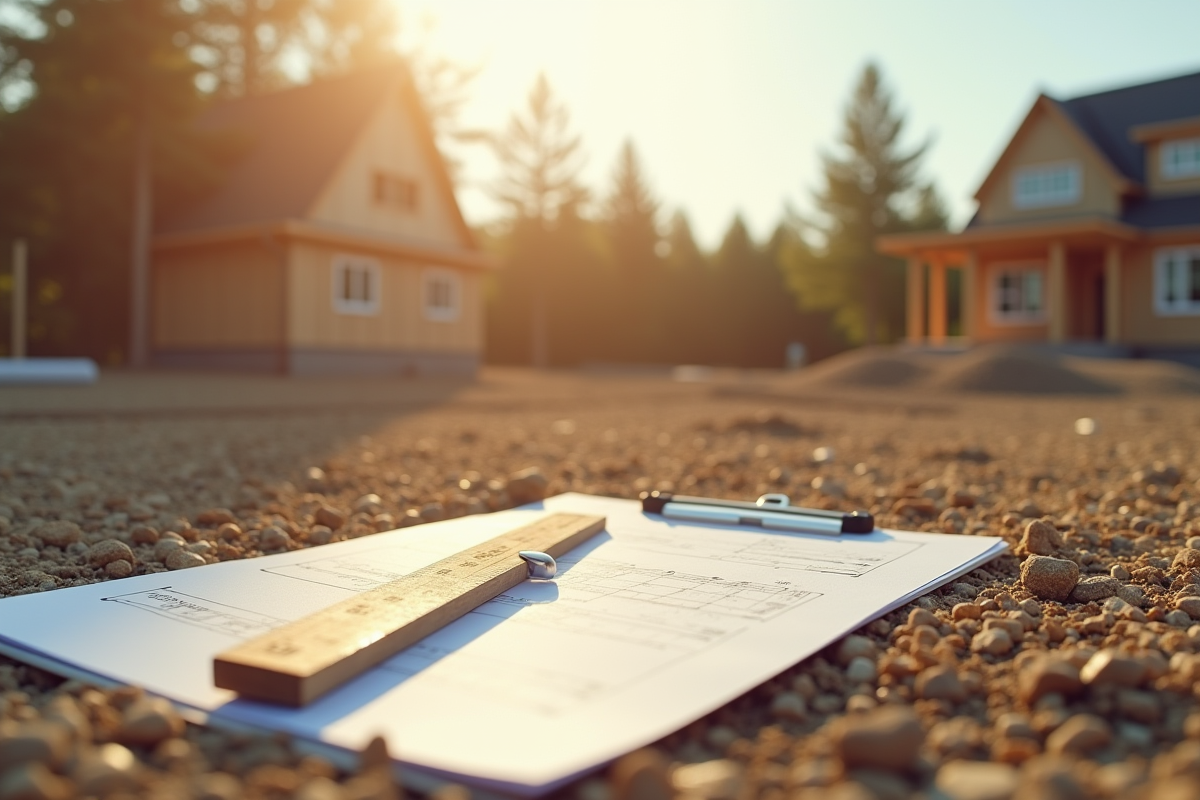 Chantier ensoleille avec règle en bois et maison en construction en arrière-plan