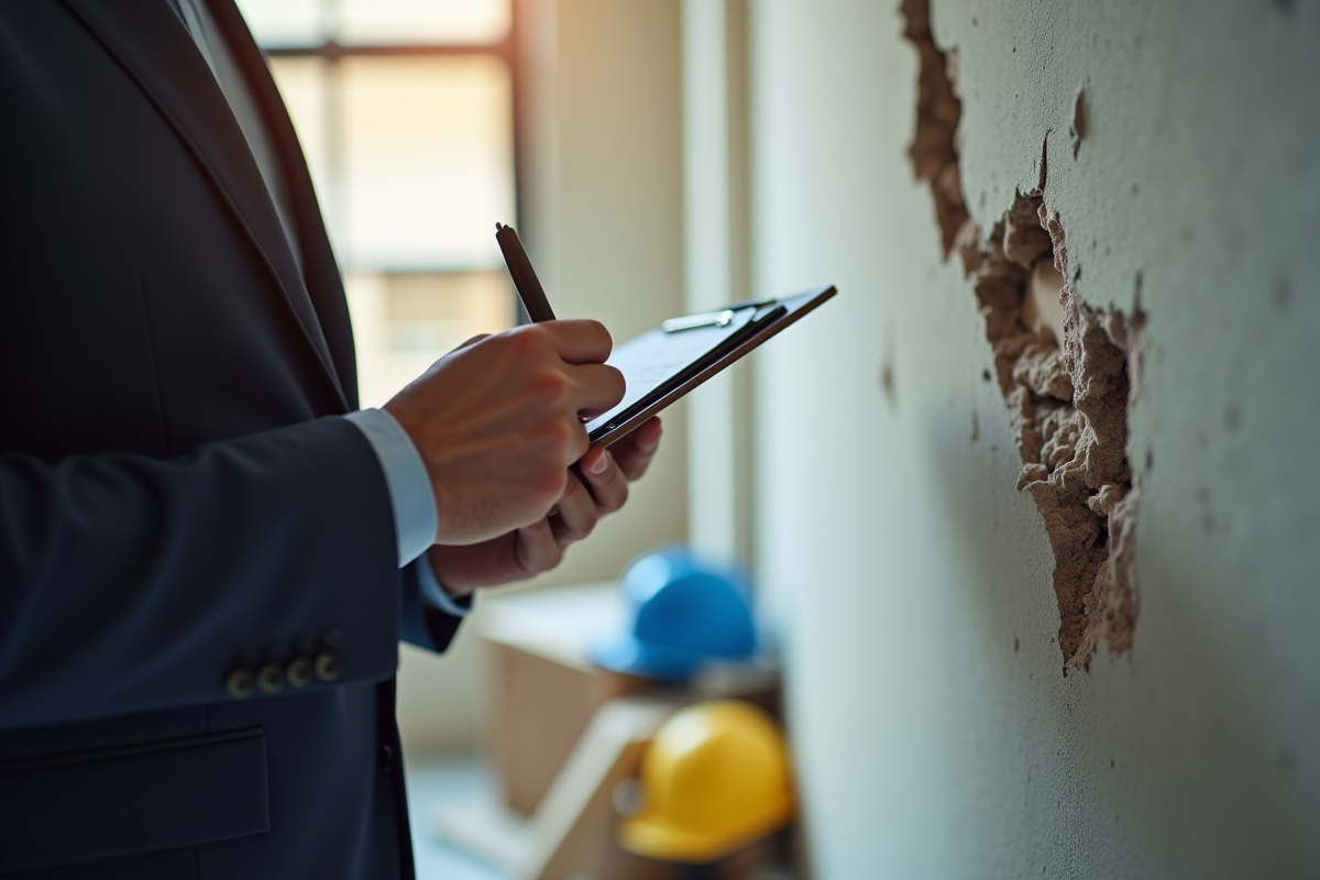 Personne en costume inspectant un mur endommagé sur un chantier