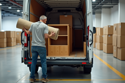Homme charg&eacute; un tapis et une &eacute;tag&egrave;re dans une camionnette propre