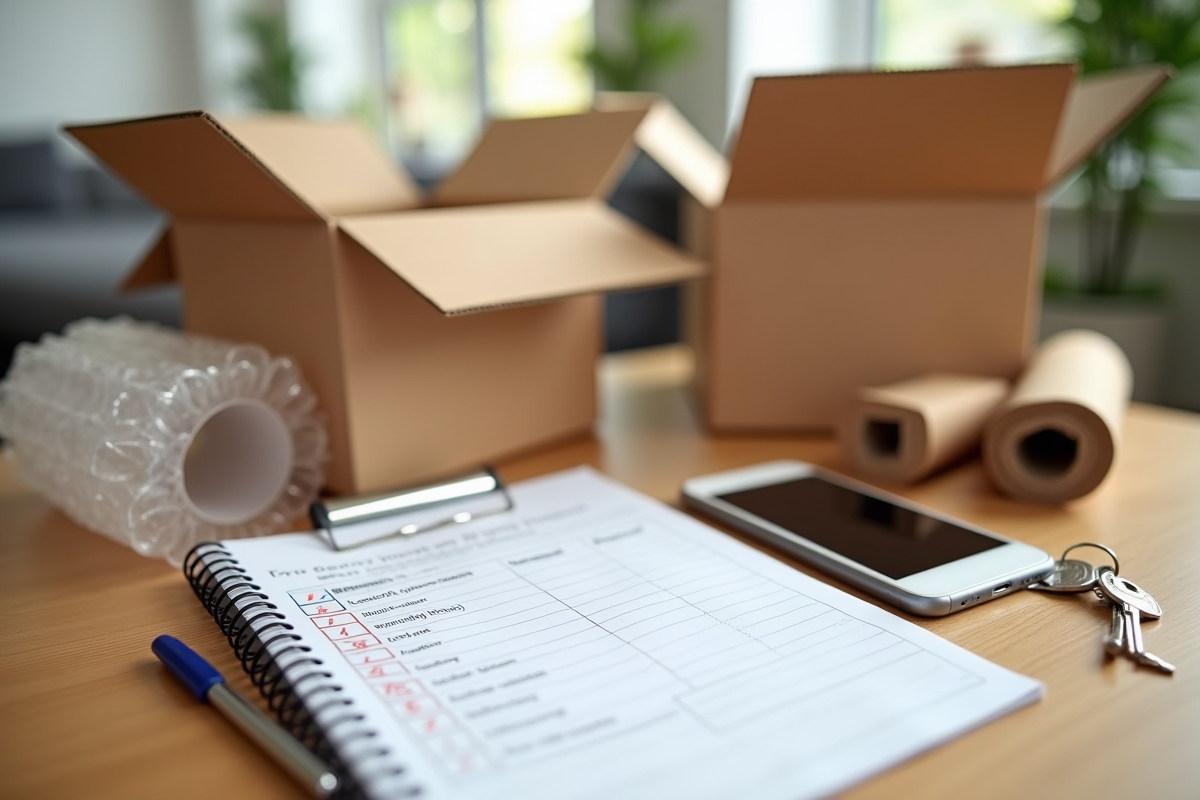 Liste de contrôle et smartphone avec cartons et matériel d