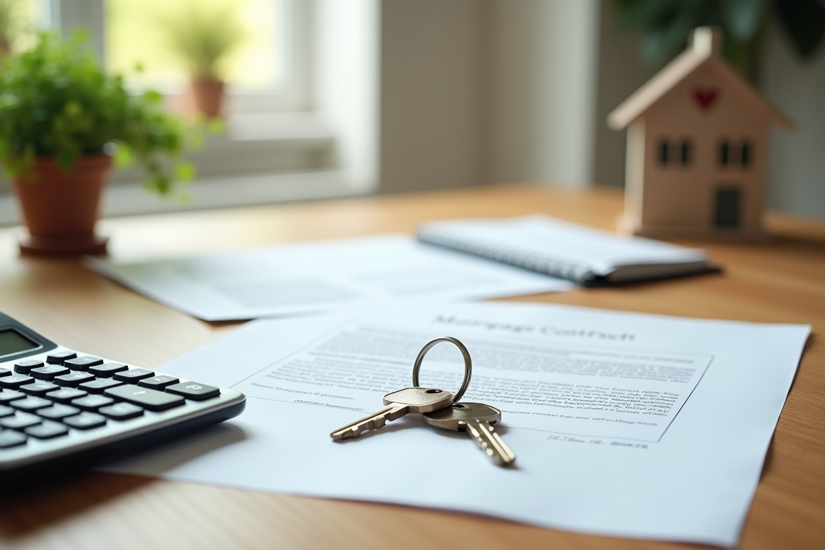 Jeu de clés de maison un calculateur et un contrat de prêt immobilier