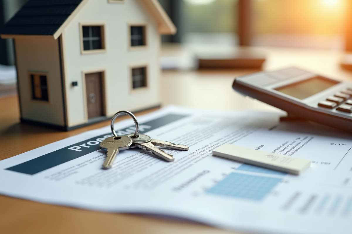 Clés posées sur un contrat avec une maquette de maison et une calculatrice