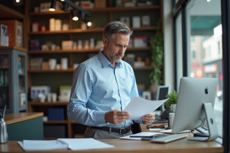 Homme commerçant derrière le comptoir en boutique