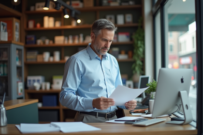 Homme commer&ccedil;ant derri&egrave;re le comptoir en boutique