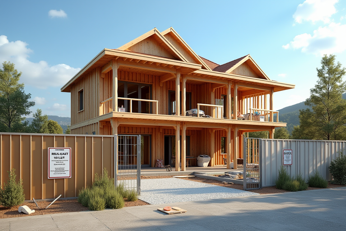 Maison moderne en construction avec cadre en bois sous un ciel ensoleille