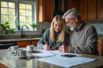 Couple lisant un contrat de location dans la cuisine