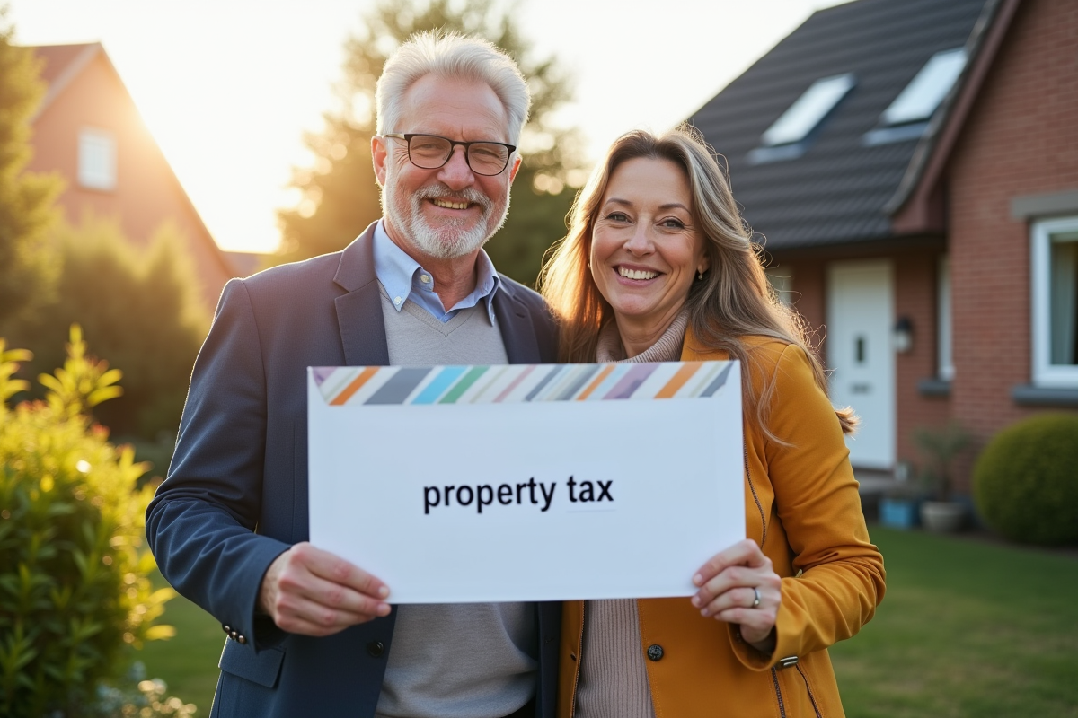 Couple souriant tenant une enveloppe d