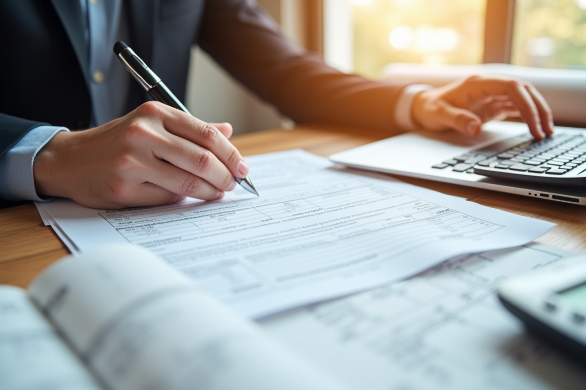 Main remplissant une déclaration fiscale avec reçus de travaux et plan architectural