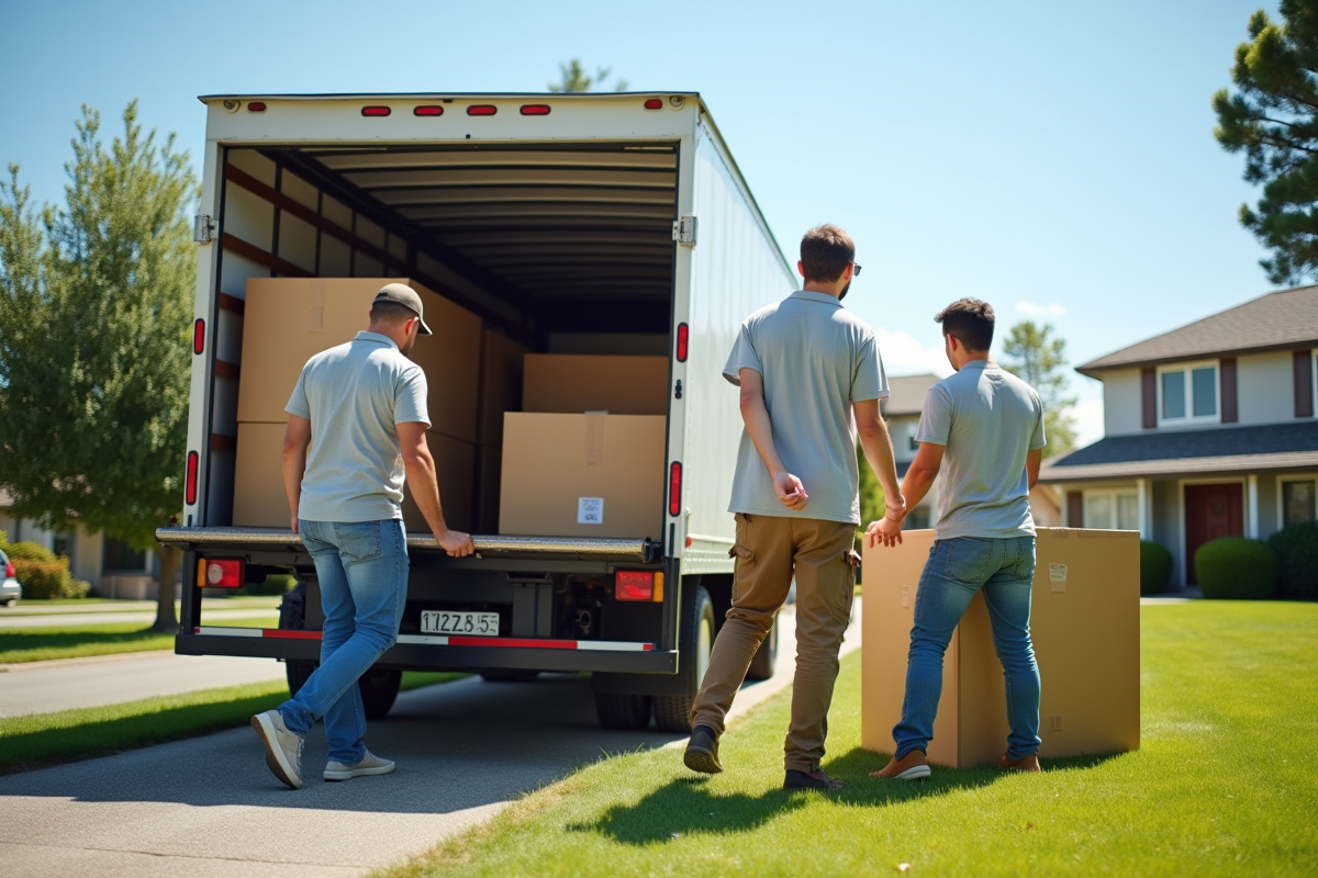 Professionnels chargent des cartons dans un camion devant une maison