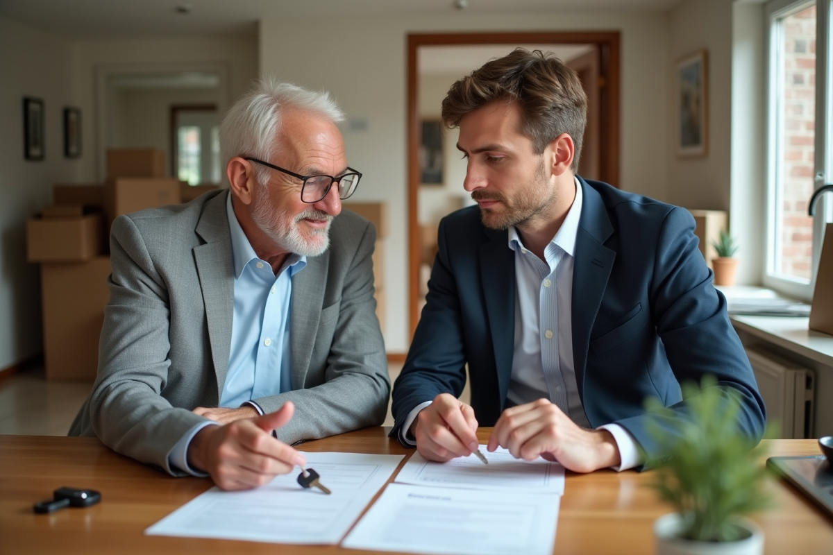Homme et jeune adulte discutant de documents dans la cuisine