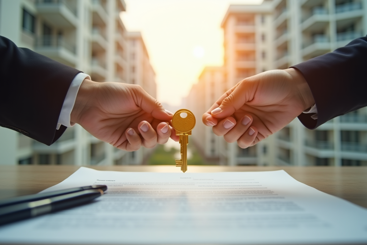 Deux mains échangeant une clé d or sur un contrat immobilier