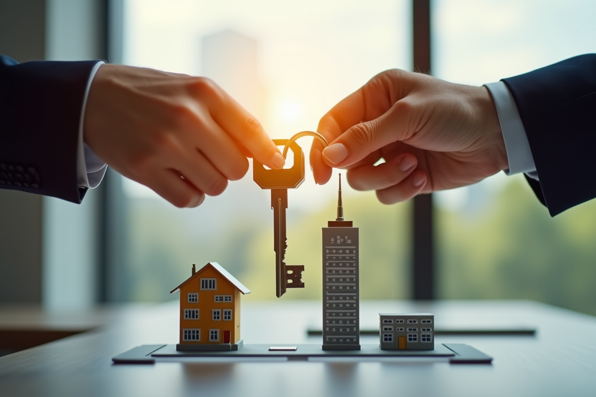 Main échangeant des clés avec modèle de Tour PartDieu en fond