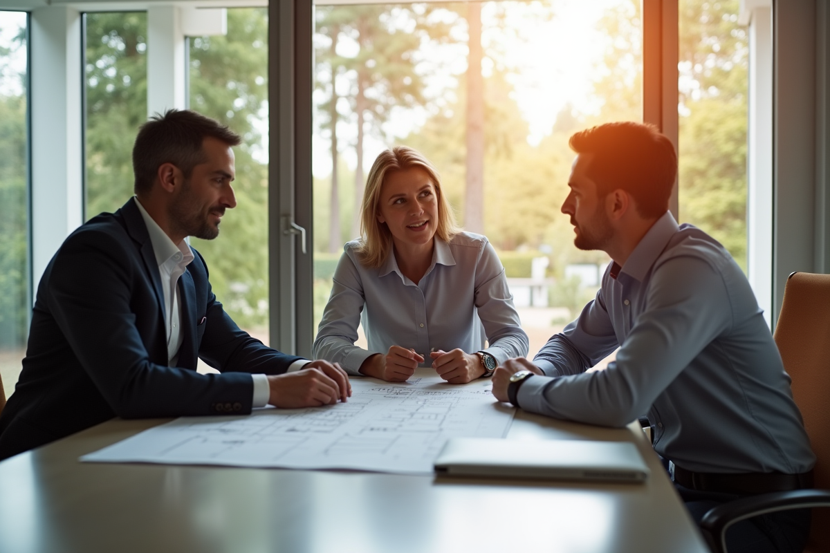 Professionnels discutant autour de plans dans un bureau lumineux