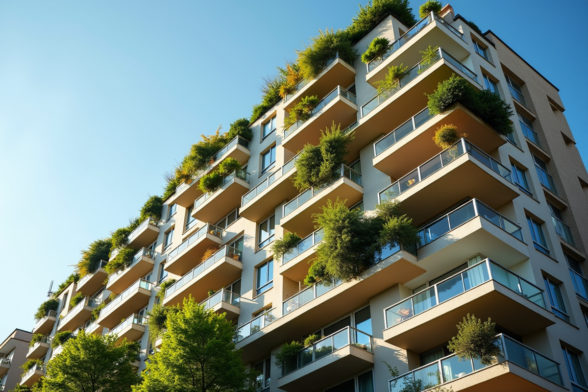 Façade d un immeuble français contemporain avec balcons et végétation