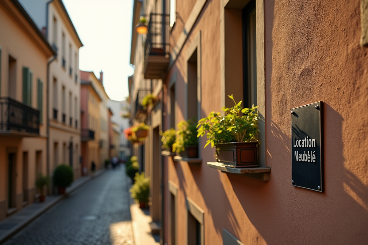 Façade d un immeuble en ville avec plaque location meublée