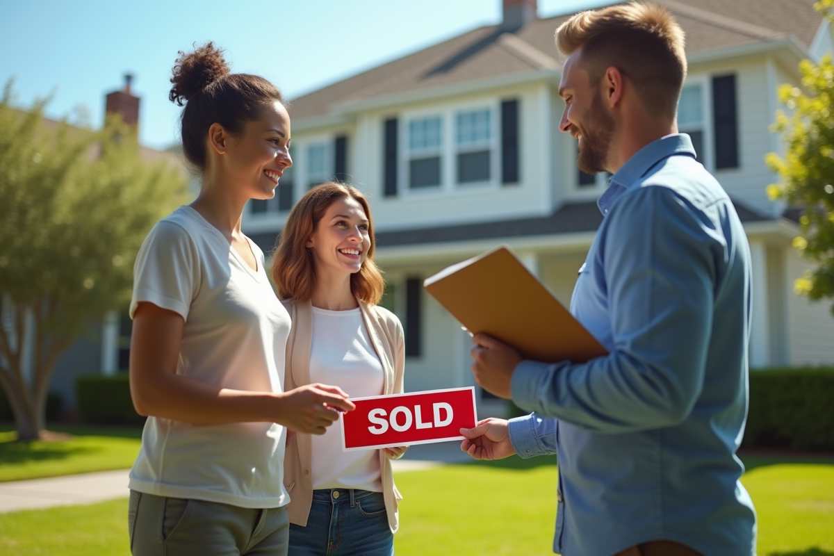 Famille heureuse devant leur maison avec panneau vendu et agent immobilier