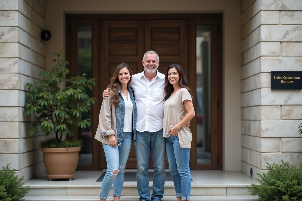 Famille souriante devant leur nouvel appartement