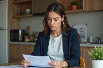 Femme examinant un document d'assurance dans sa cuisine