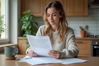Femme en intérieur étudiant ses documents d'assurance maison