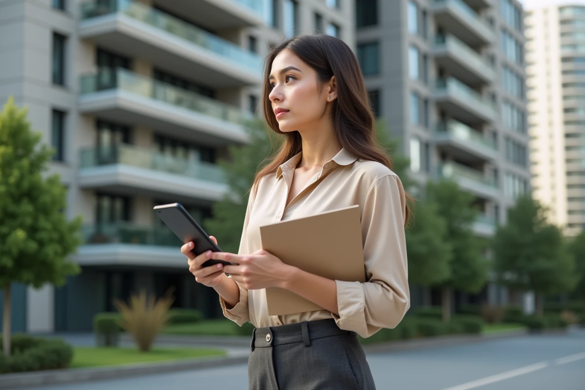 Jeune femme devant un immeuble résidentiel en ville