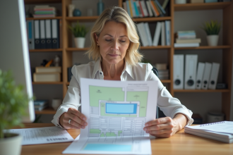Femme examinant un document d'impots immobiliers
