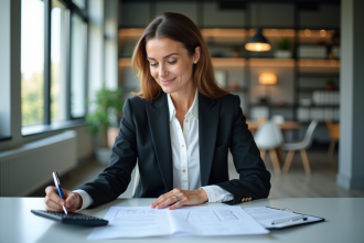 Femme d affaires analysant documents immobiliers