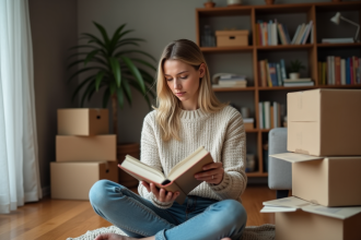 Femme réfléchie triant des livres dans un salon en déménagement