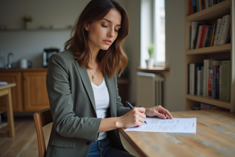 Femme assise à la cuisine en train de remplir des papiers
