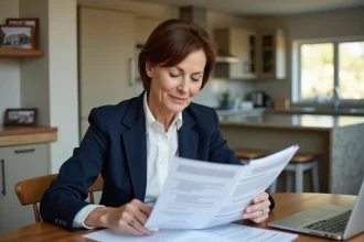 Femme d'âge moyen examine des documents immobiliers à la maison
