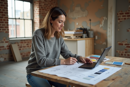 Femme moyenne &acirc;ge examine plans de r&eacute;novation dans un appartement en travaux