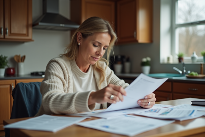 Femme d'âge moyen examine des papiers à la maison