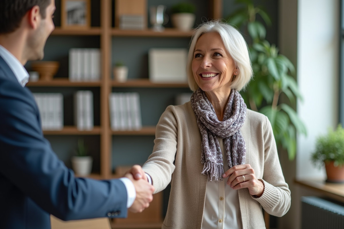 Femme souriante serre la main d un agent immobilier dans un bureau lumineux