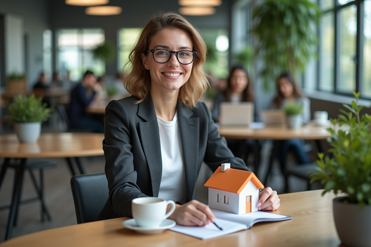 Femme professionnelle souriante tenant maquette de maison