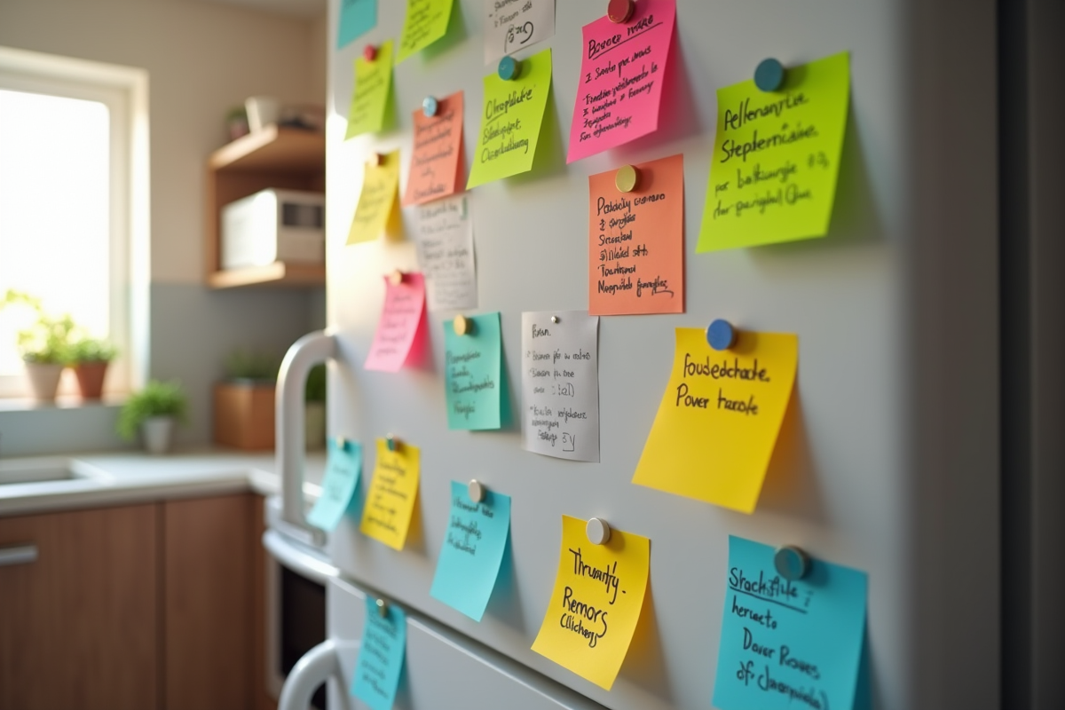 Frigo coloré avec notes et magnets dans une cuisine moderne