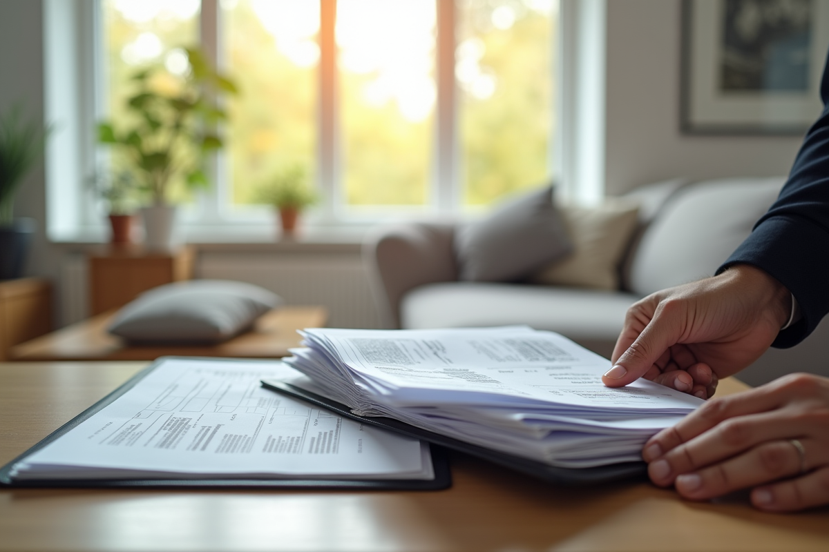Main organisant documents de propriété dans un salon lumineux