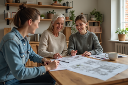 Groupe de trois adultes discutant de plans de maison dans un salon cosy