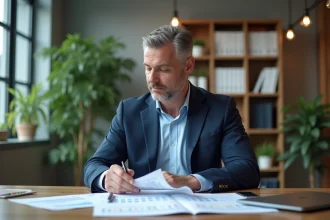 Homme d'affaires en costume bleu dans un bureau moderne