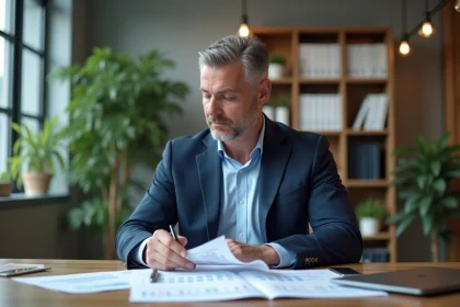 Homme d'affaires en costume bleu dans un bureau moderne