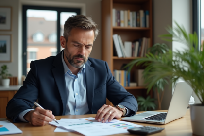 Homme d'&acirc;ge moyen examinant documents financiers immobilier