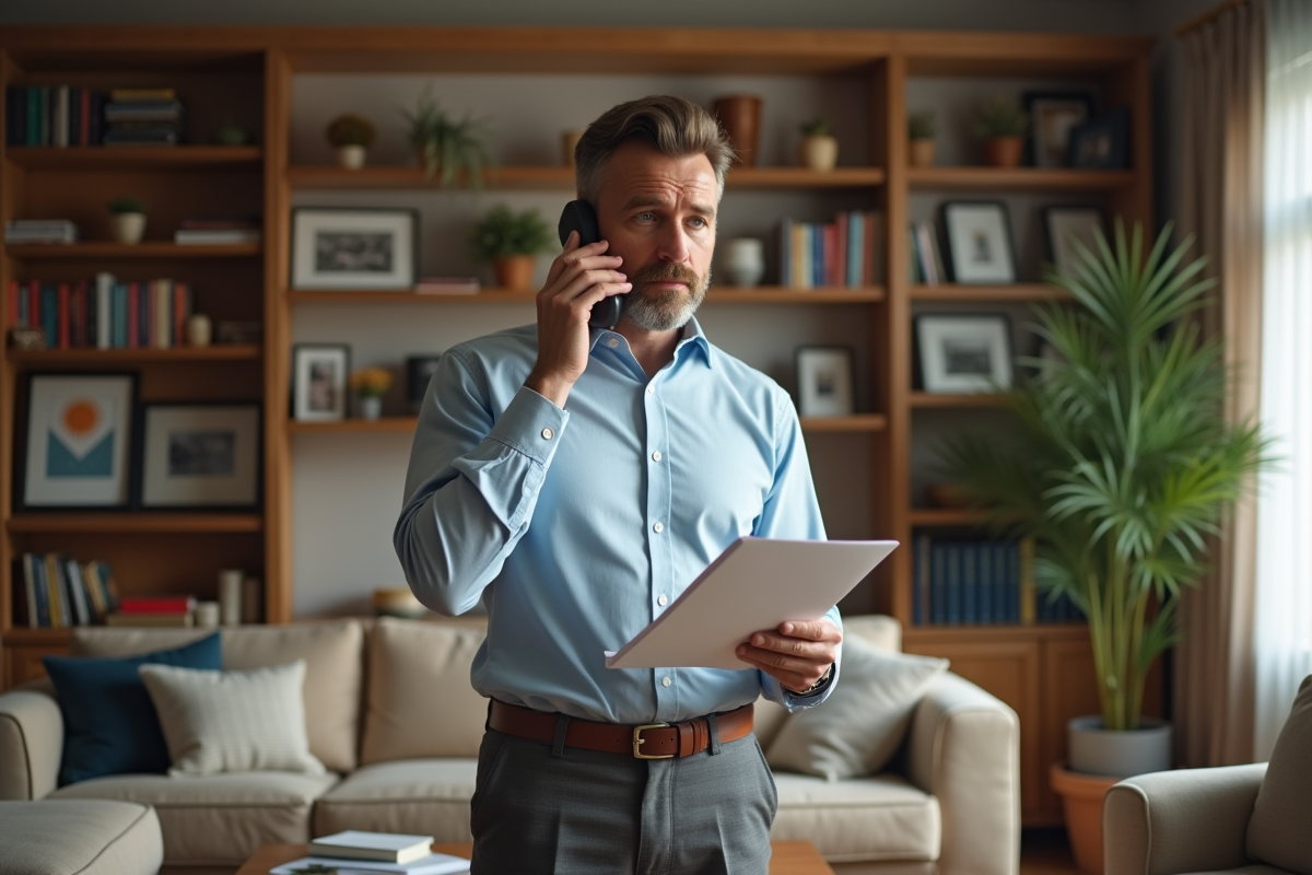 Homme en train de téléphoner avec documents d