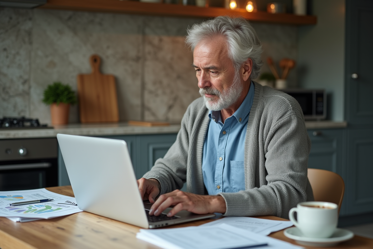 Homme détendu travaillant à la maison dans sa cuisine