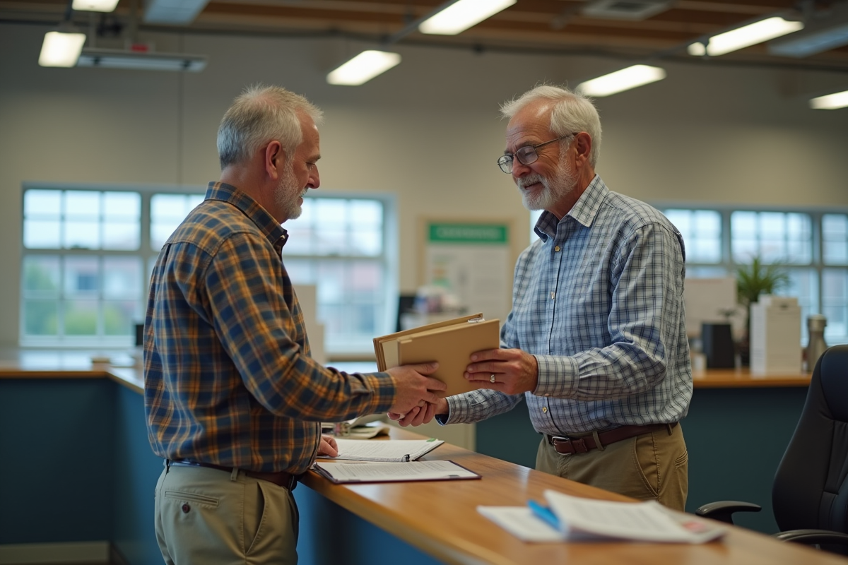 Homme remettant un dossier à un agent d