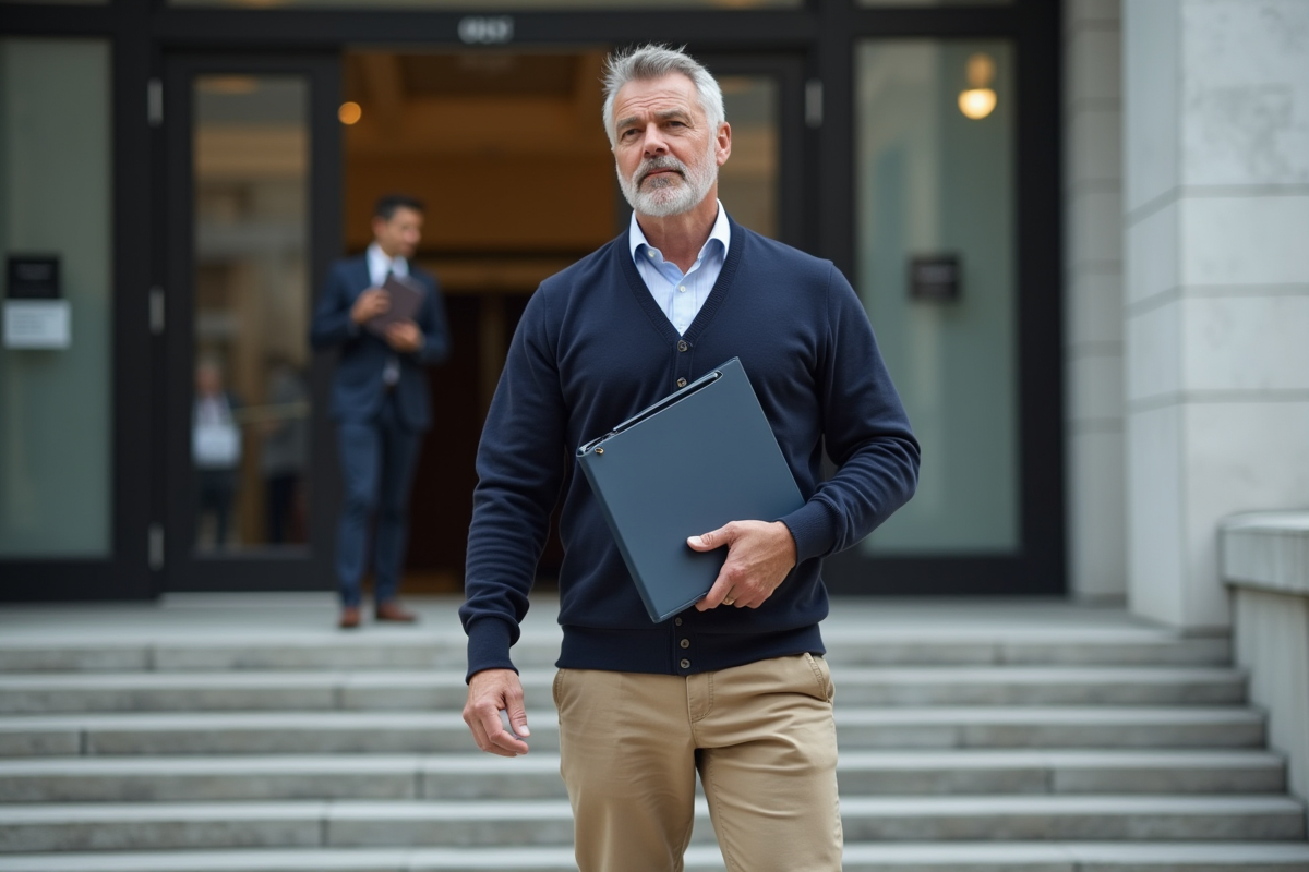 Homme debout devant un bâtiment officiel avec un dossier