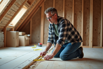 Homme mesurant murs dans un grenier en construction